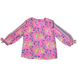 LILLY PULITZER Womens Pink Pamala Blouse Engineered Tigress Garden Floral Sz XS